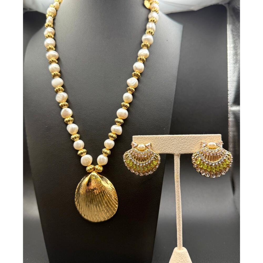 Talbot Statement Gold tone Pearl Necklace | Shell Pendant & Baublebar Earrings
